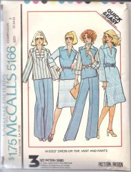5166 MCCALLS 1976 COLLAR DRESS, TOP, VEST, PANTS PATTERN 12-16 UNCUT